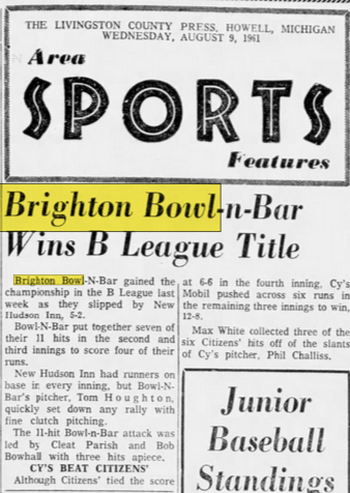 Brighton Bowl (Brighton Bowl-n-Bar) - Aug 9 1961 Article